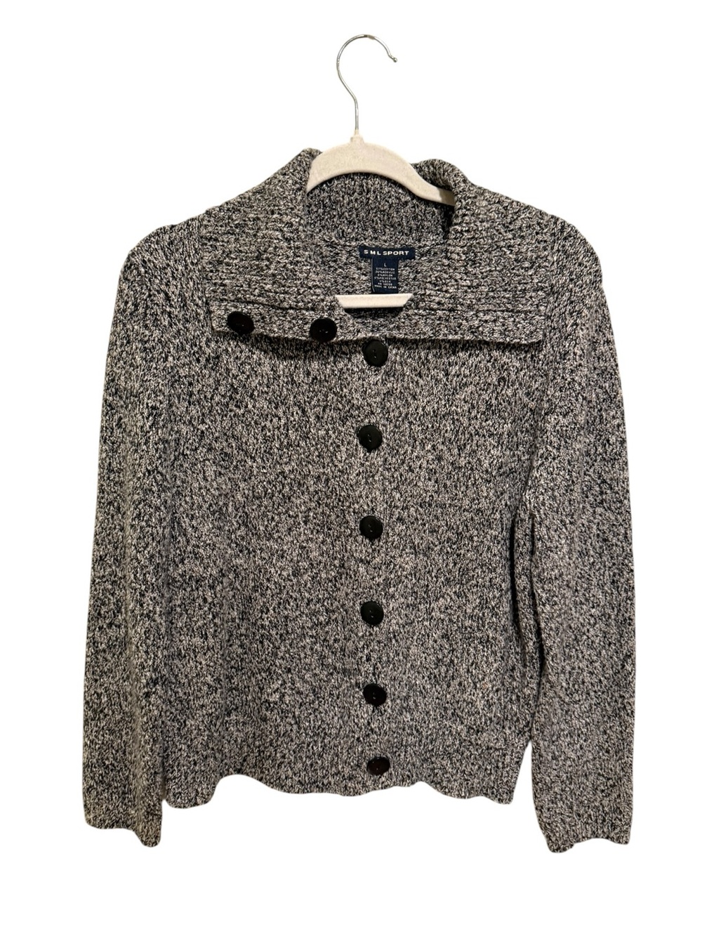 SML Sport Perfect Cotton Blend Grey Marled Cardigan Knit Sweater - Size Large